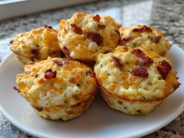 A close-up view of several fluffy bacon and cheese egg bites served on a white plate.