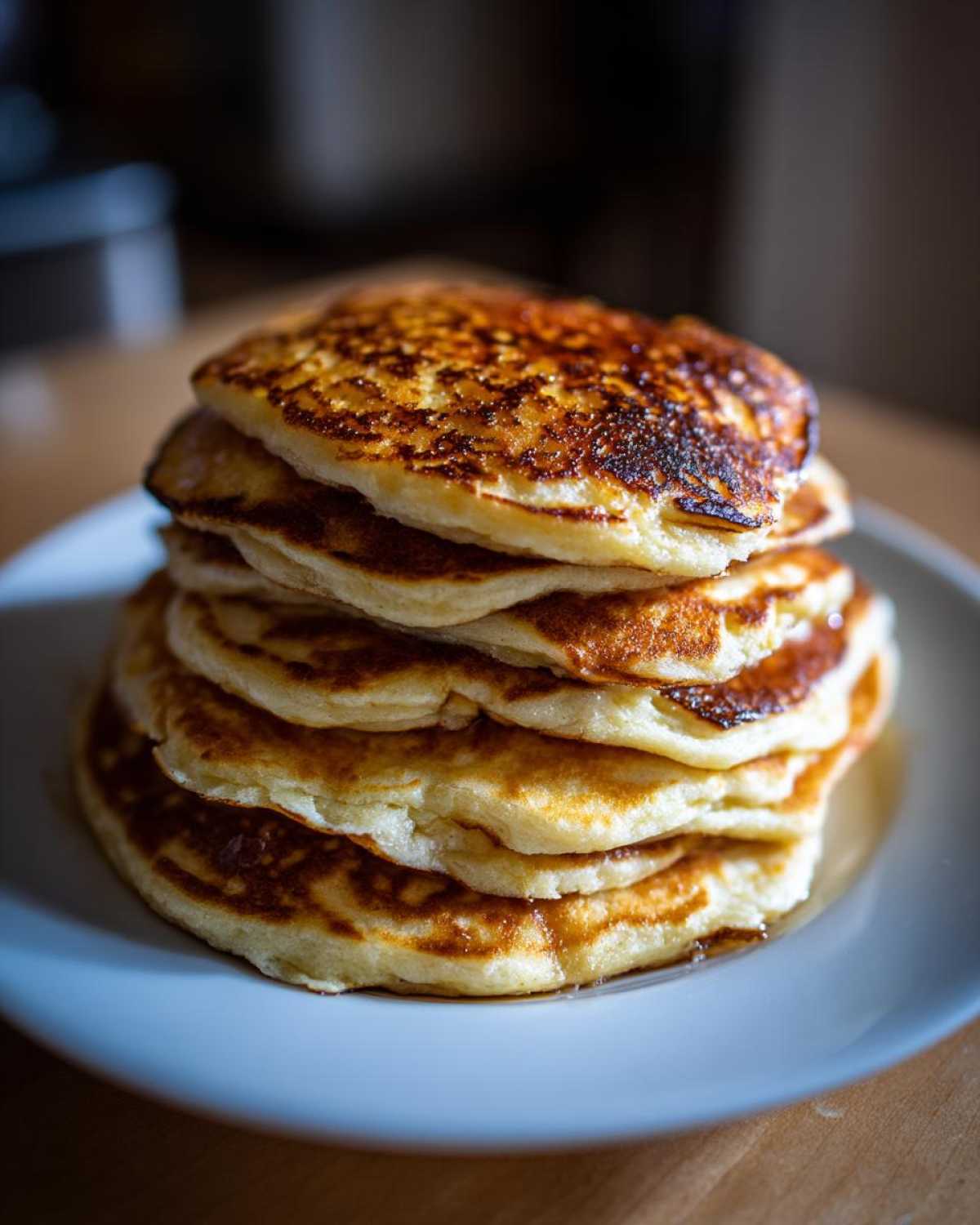 A tall stack of golden-brown coconut flour pancakes drizzled with syrup on a white plate.