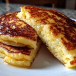 Close-up of fluffy coconut flour pancakes stacked, one cut to show the texture, drizzled with syrup.