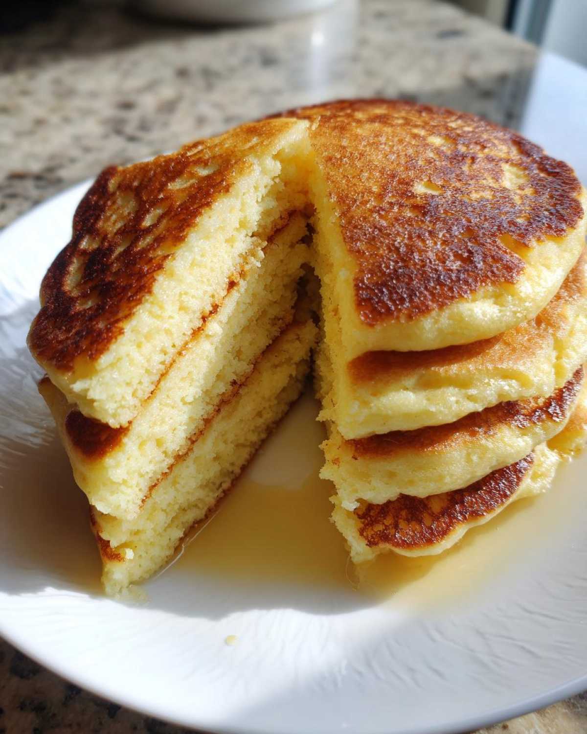 A stack of thick, fluffy coconut flour pancakes cut open to show the texture, drizzled with syrup on a white plate.