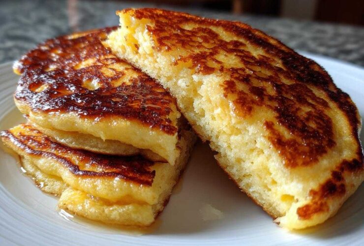 Close-up of fluffy coconut flour pancakes stacked, one cut to show the texture, drizzled with syrup.