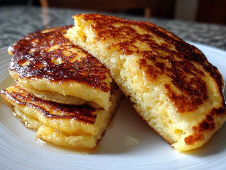 Close-up of fluffy coconut flour pancakes stacked, one cut to show the texture, drizzled with syrup.