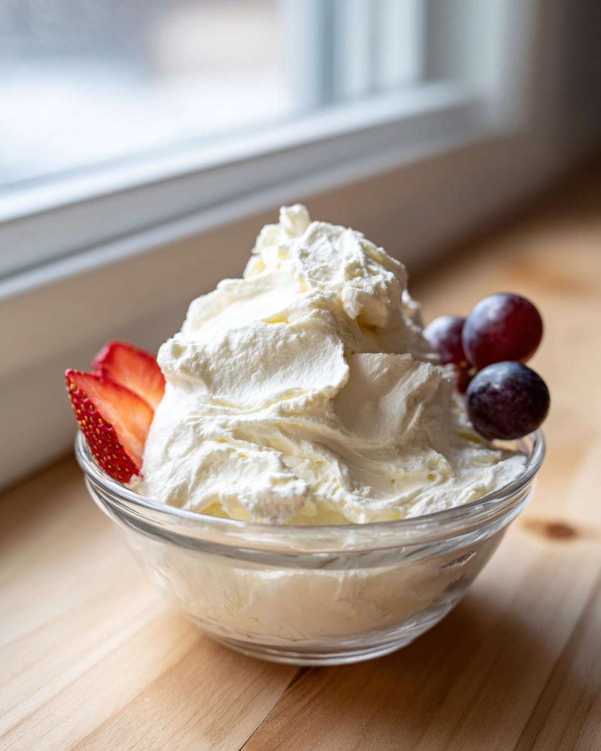 A serving of fluffy white fruit dip garnished with sliced strawberries and red grapes.