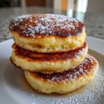 A close-up stack of three thick, fluffy greek yogurt pancakes dusted generously with powdered sugar.