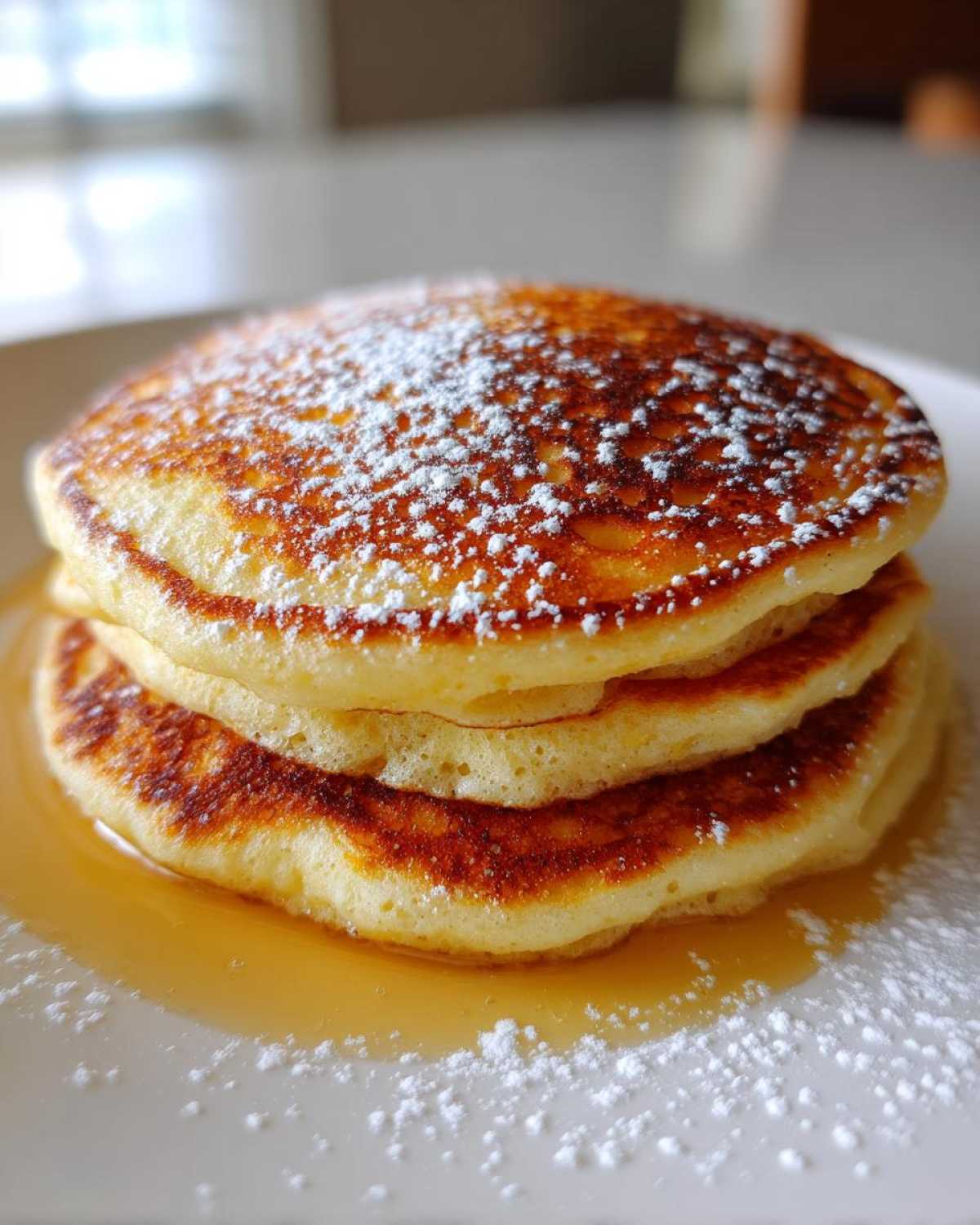 A stack of three fluffy greek yogurt pancakes drizzled with syrup and dusted with powdered sugar.