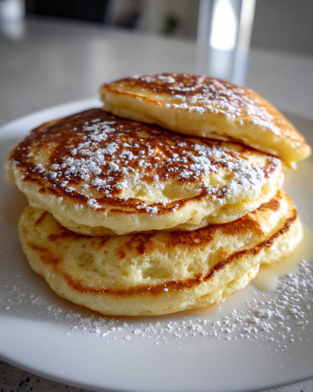 A close-up of a fluffy stack of three greek yogurt pancakes dusted generously with powdered sugar.