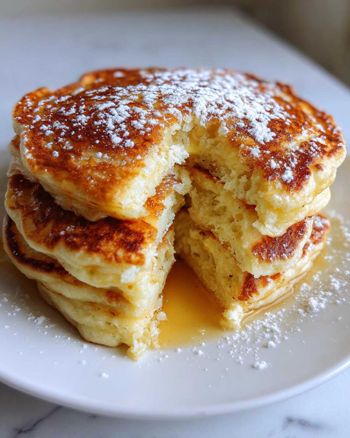 A close-up of a fluffy stack of greek yogurt pancakes, cut open to show the texture, drizzled with syrup and dusted with powdered sugar.