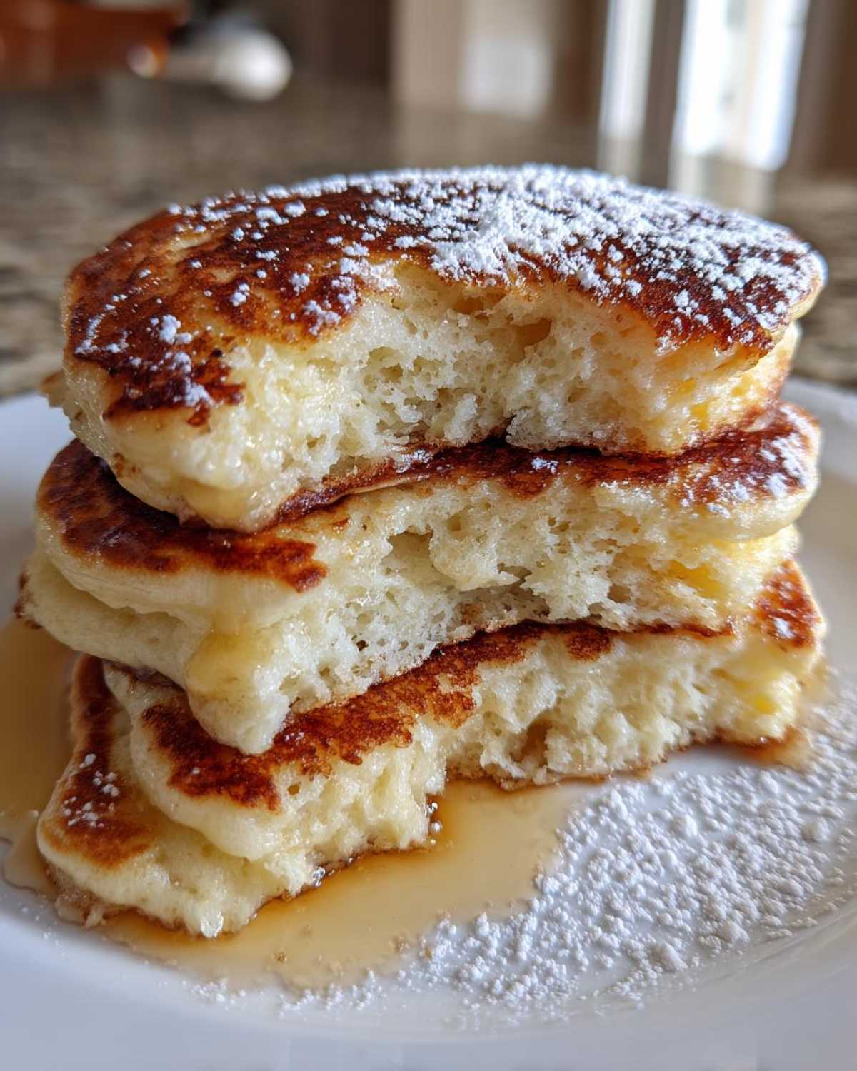 Close-up of a stack of fluffy greek yogurt pancakes dusted with powdered sugar, showing the airy interior texture.