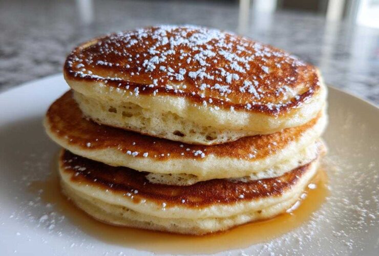 Close-up of a fluffy stack of three greek yogurt pancakes topped with powdered sugar and syrup.