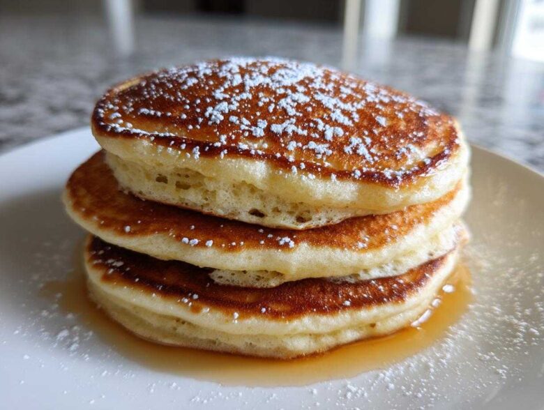 Close-up of a fluffy stack of three greek yogurt pancakes topped with powdered sugar and syrup.