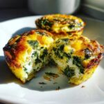 Close-up of fluffy muffin tin egg bites, one broken open showing spinach and white cheese filling.