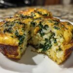 Close-up of a muffin tin egg bite cut in half, showing fluffy texture and green spinach filling.