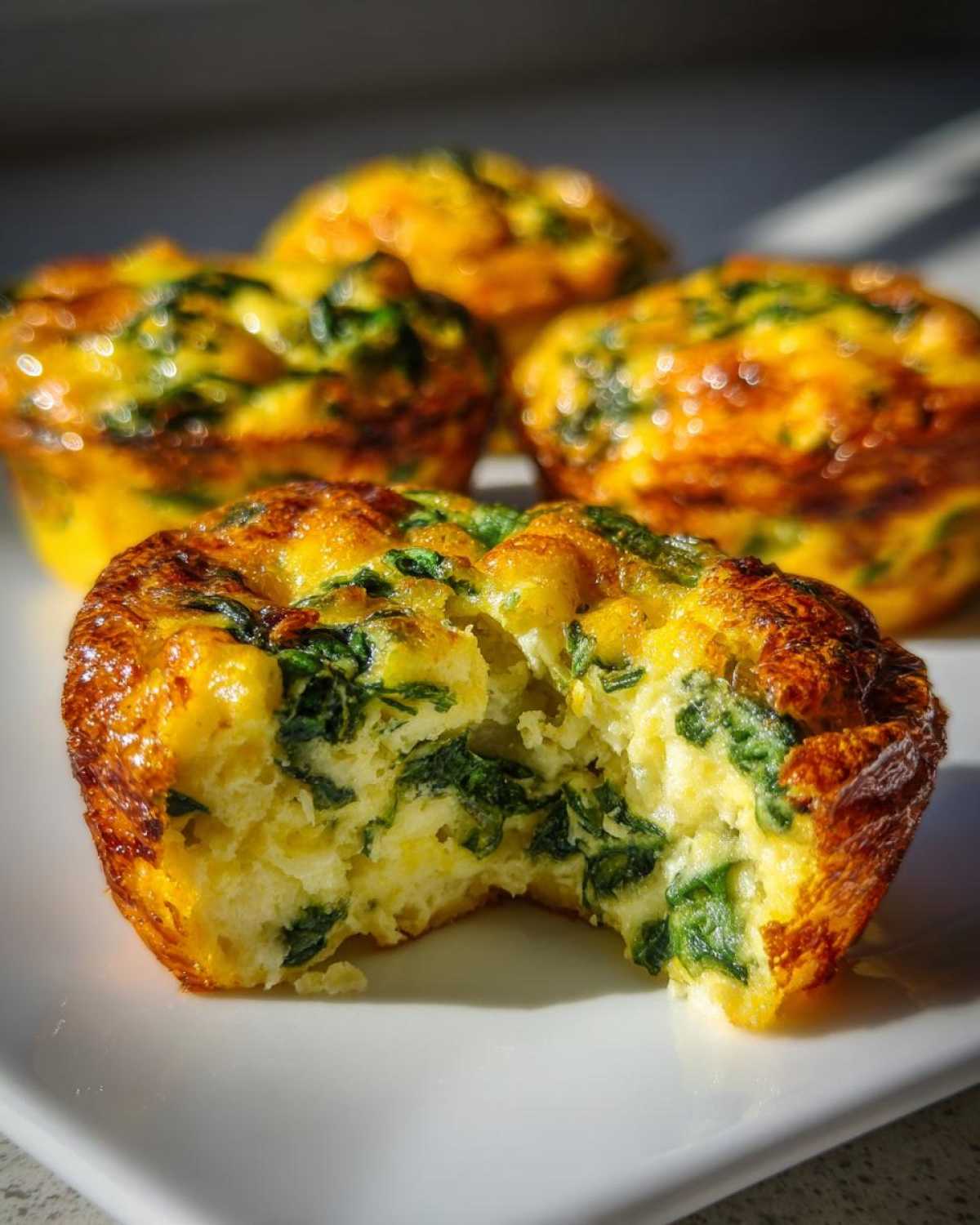 A close-up of a fluffy muffin tin egg bite with spinach, showing the texture after a bite has been taken.
