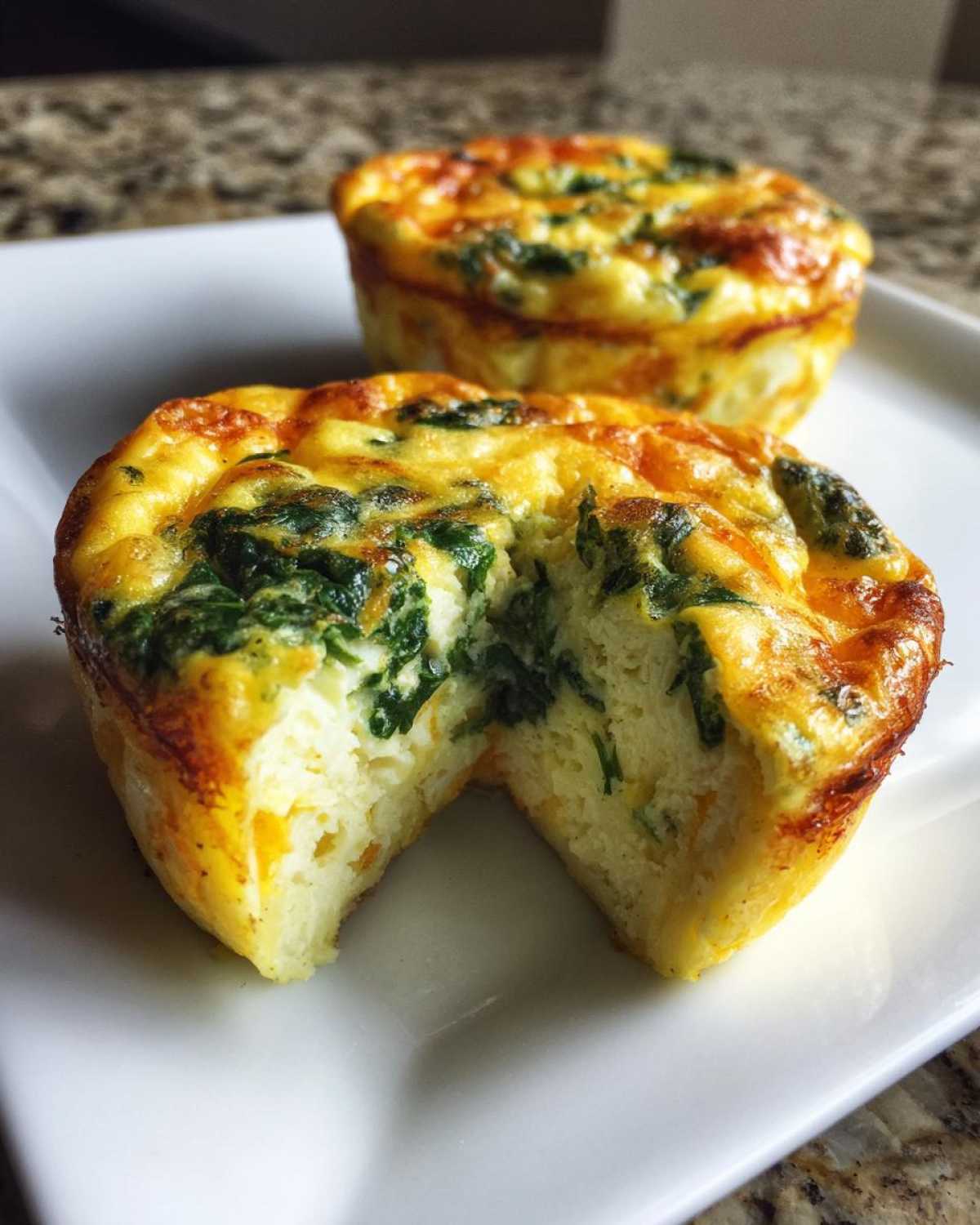 Close-up of two fluffy muffin tin egg bites, one cut open showing spinach filling.