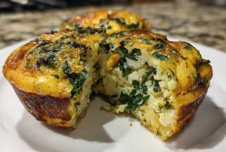 Close-up of a muffin tin egg bite cut in half, showing fluffy texture and green spinach filling.