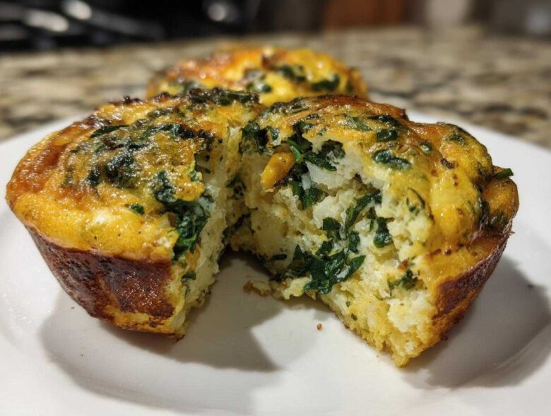 Close-up of a muffin tin egg bite cut in half, showing fluffy texture and green spinach filling.