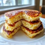 Close-up of a stack of four incredibly fluffy pancakes, cut to show the airy interior, drizzled with syrup.