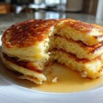 A tall stack of incredibly fluffy pancakes with a piece taken out, showing the airy interior and drizzled with syrup.