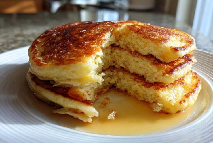 A tall stack of incredibly fluffy pancakes with a piece taken out, showing the airy interior and drizzled with syrup.