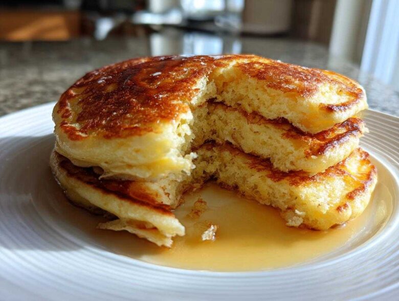 A tall stack of incredibly fluffy pancakes with a piece taken out, showing the airy interior and drizzled with syrup.