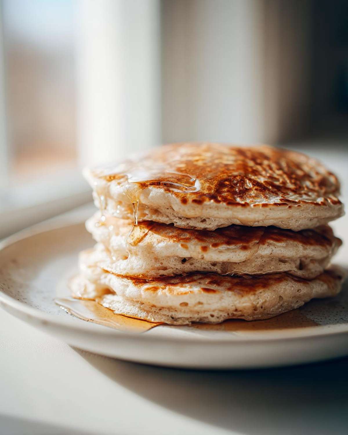 A stack of three fluffy sourdough discard pancakes drizzled with golden syrup on a light speckled plate.