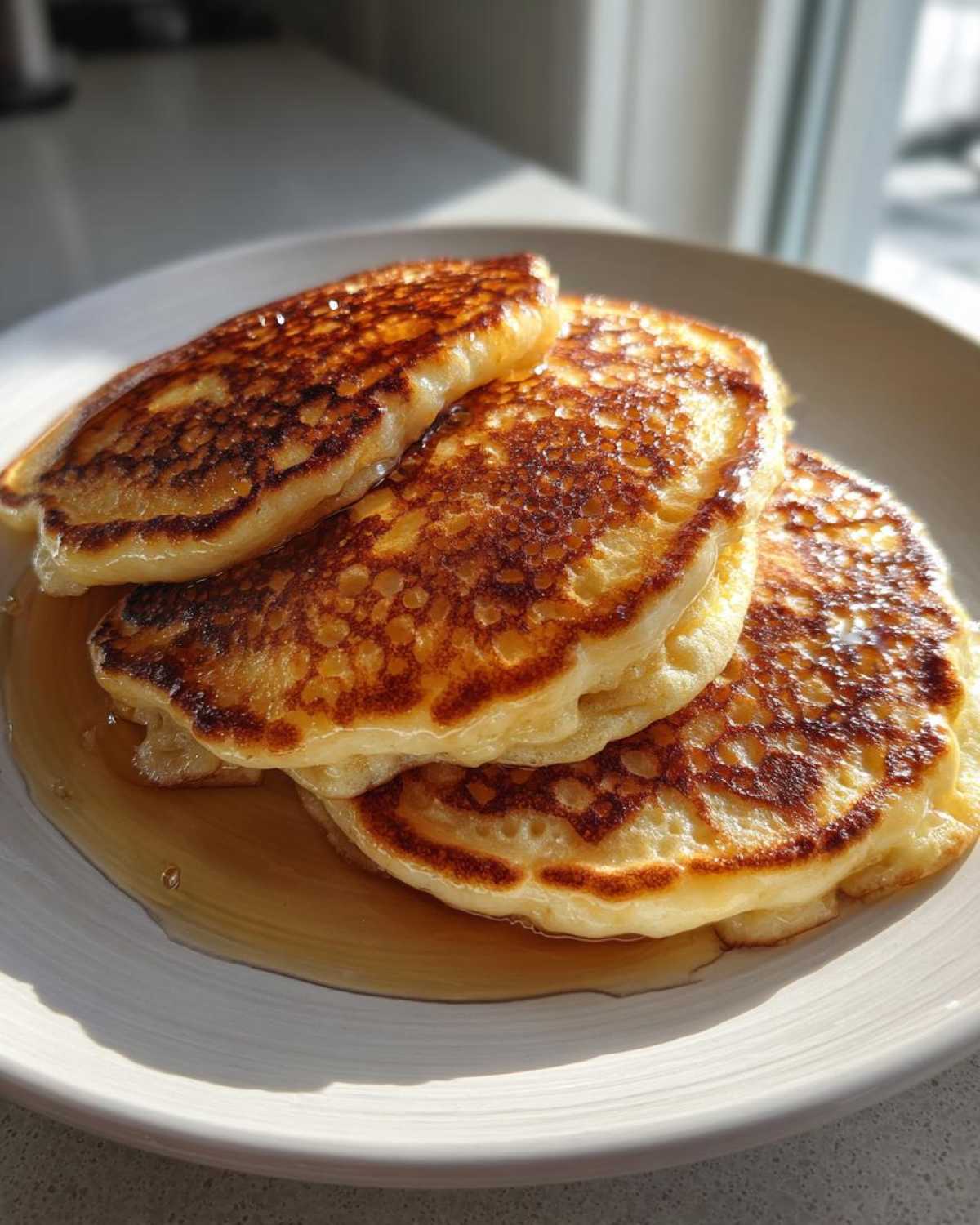 A stack of three golden-brown sourdough discard pancakes drizzled with syrup on a white plate.