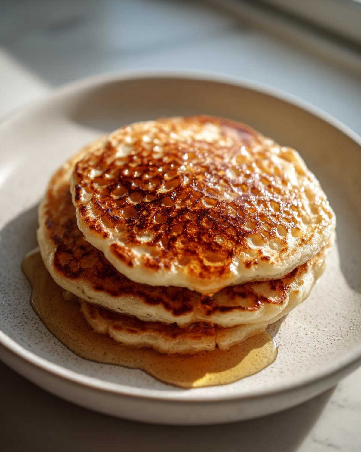 A stack of three fluffy sourdough discard pancakes drizzled with syrup on a light speckled plate.
