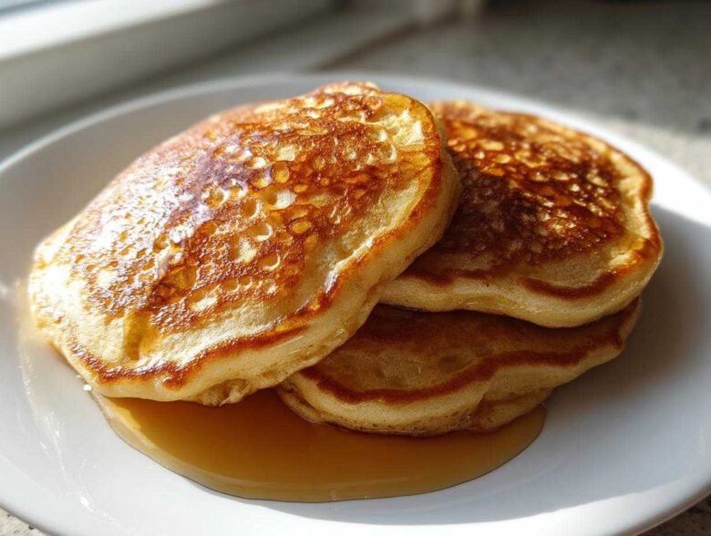 A stack of three golden-brown sourdough discard pancakes drizzled with maple syrup on a white plate.