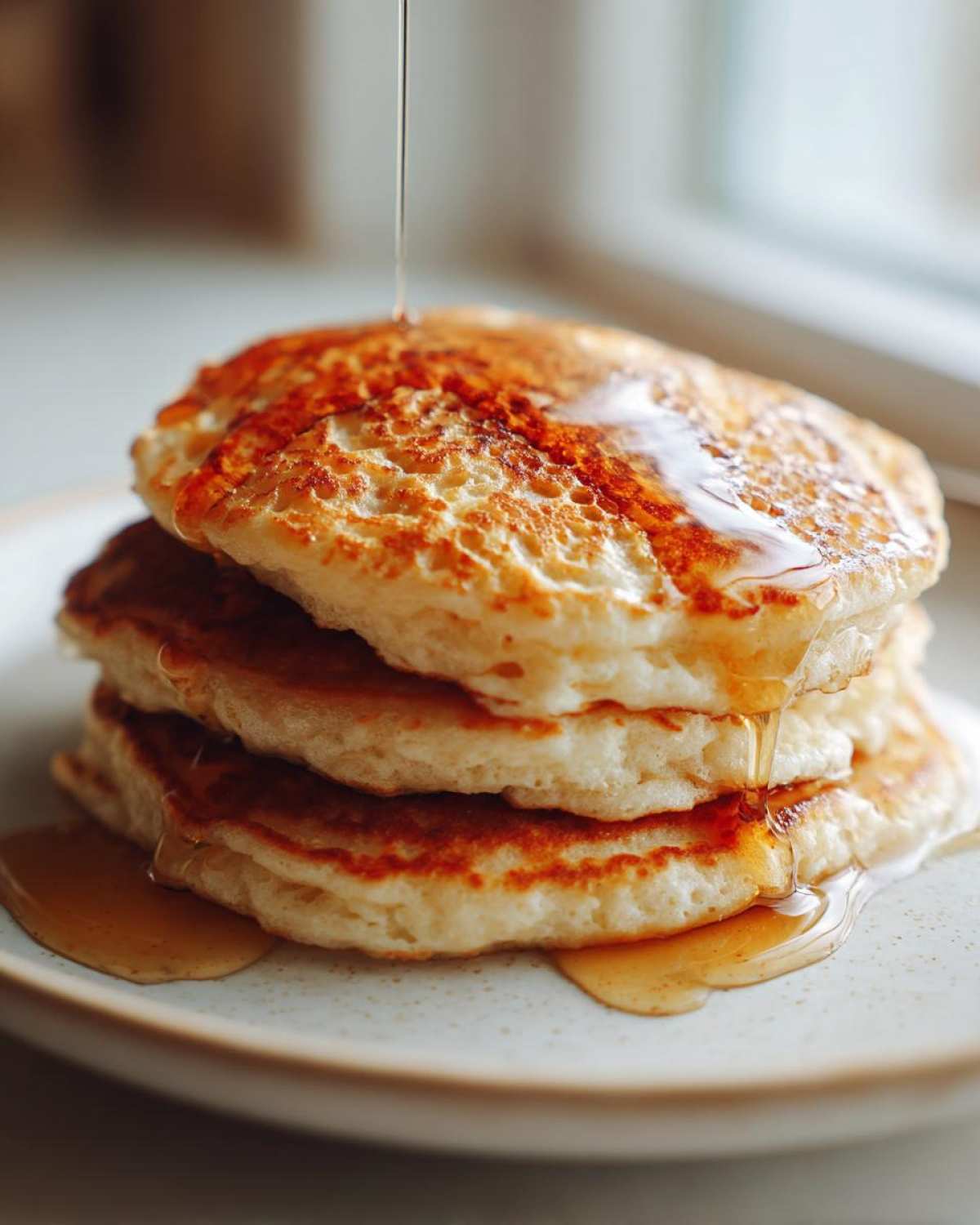 A stack of three fluffy sourdough discard pancakes being drizzled with golden syrup.