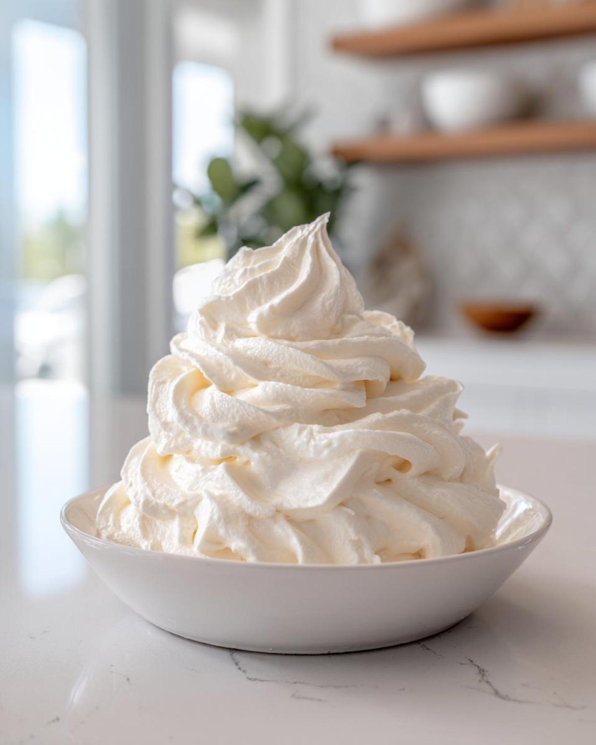 A large swirl of perfectly piped vanilla buttercream frosting piled high in a white bowl.