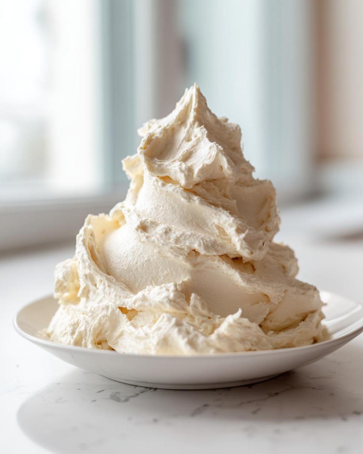 A tall, fluffy mound of perfectly whipped vanilla buttercream frosting served in a small white bowl.