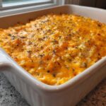 A close-up of hot, bubbly Buffalo chicken dip topped with melted orange cheddar cheese and dried herbs in a white baking dish.