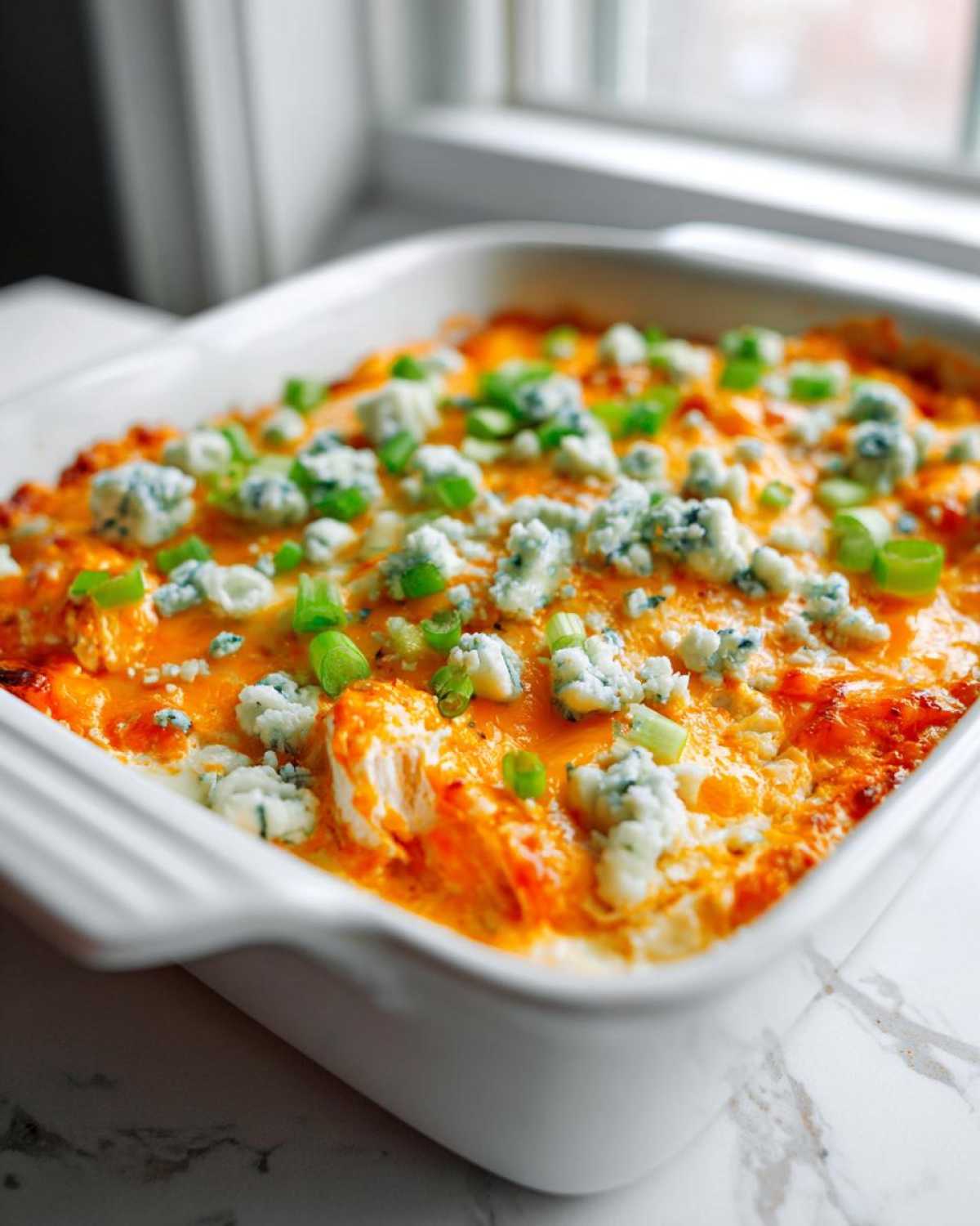 Close-up of freshly baked Buffalo chicken dip topped with blue cheese crumbles and green onions in a white baking dish.
