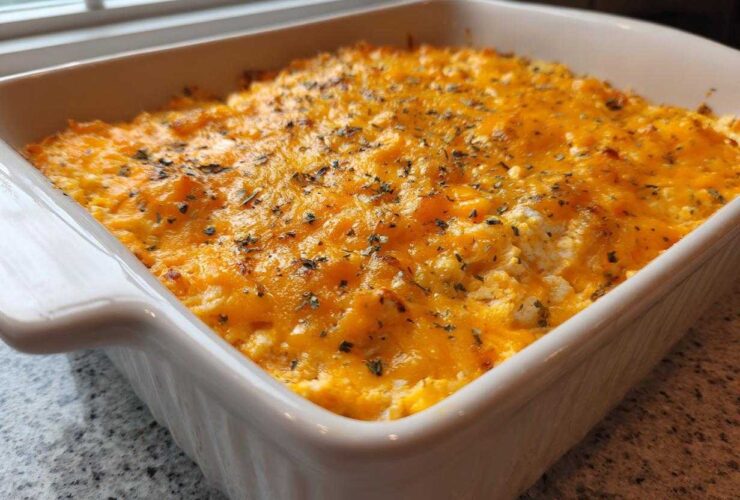 A close-up of hot, bubbly Buffalo chicken dip topped with melted orange cheddar cheese and dried herbs in a white baking dish.