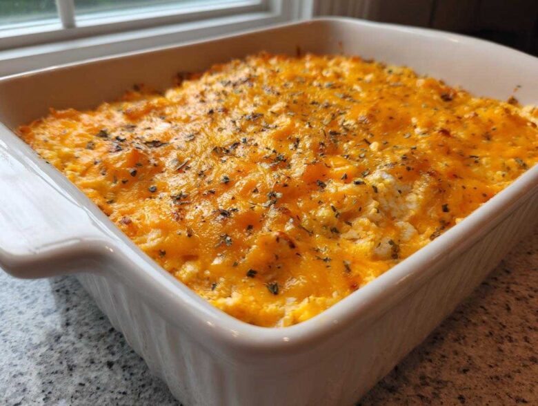 A close-up of hot, bubbly Buffalo chicken dip topped with melted orange cheddar cheese and dried herbs in a white baking dish.