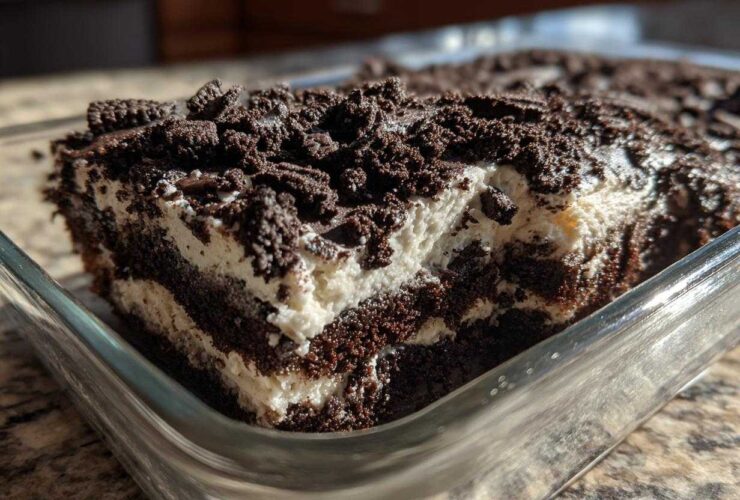 Close-up of a rich, layered slice of dirt cake featuring dark chocolate cake, white cream filling, and crushed cookie topping.