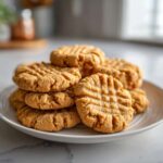 A tempting stack of freshly baked peanut butter cookies featuring classic crisscross fork marks.