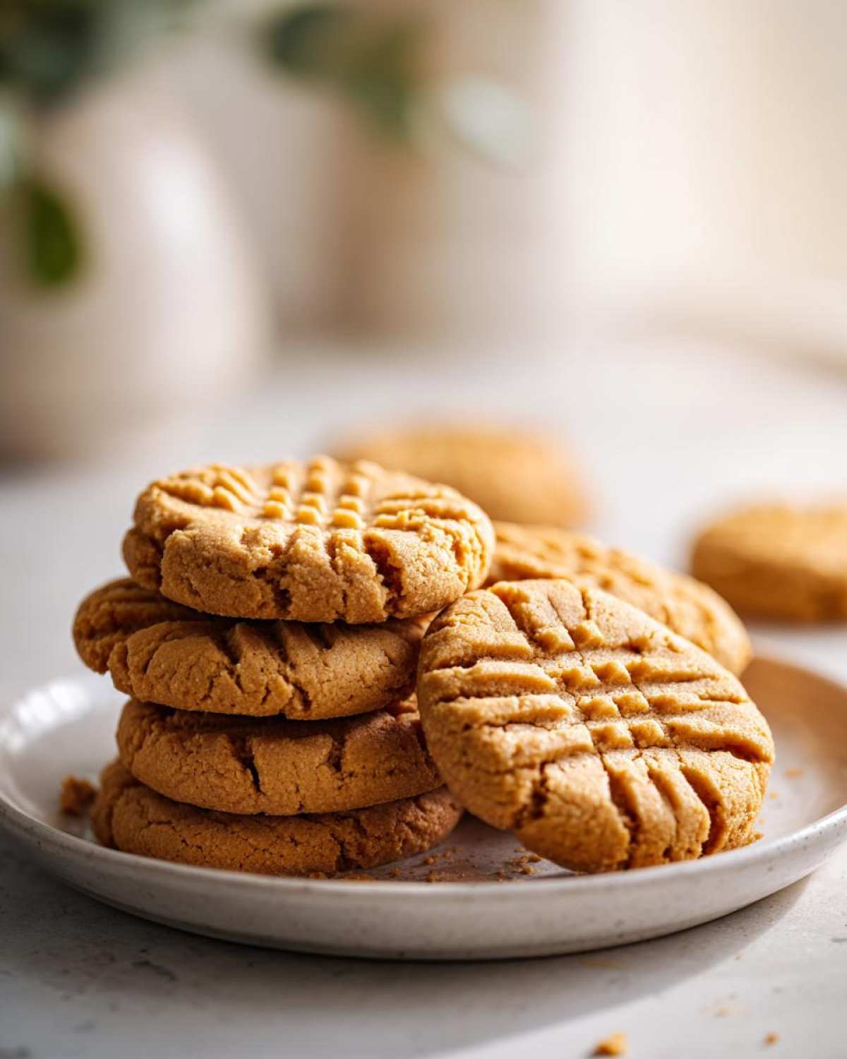 A stack of freshly baked peanut butter cookies featuring the classic crisscross fork pattern, ready to eat.