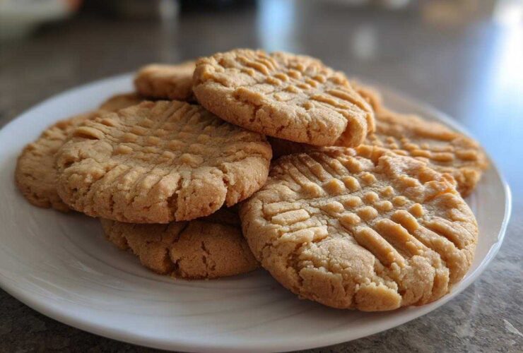 A stack of golden brown peanut butter cookies with classic crisscross fork marks piled on a white plate.