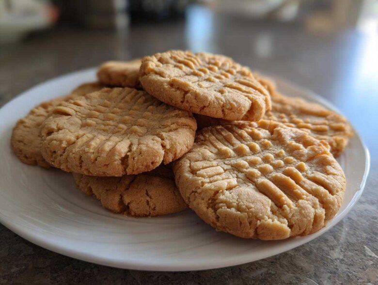 A stack of golden brown peanut butter cookies with classic crisscross fork marks piled on a white plate.