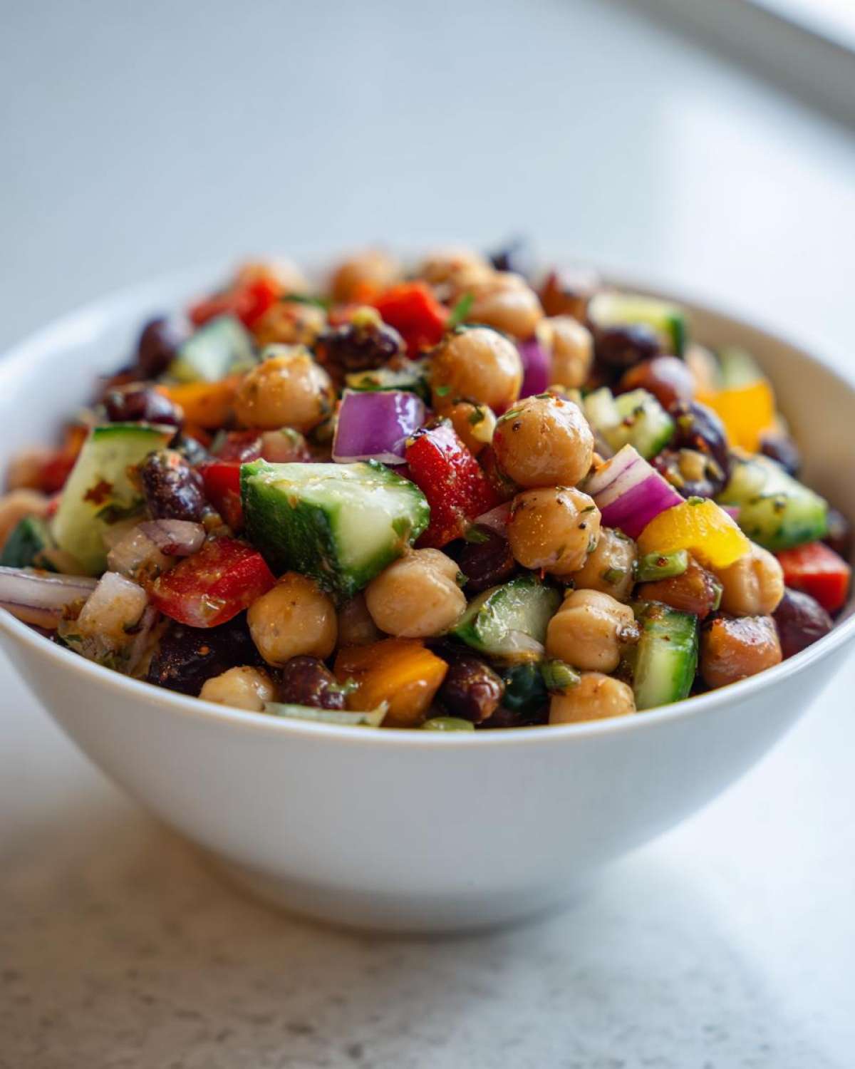 Close-up of a vibrant, fresh bean salad featuring chickpeas, cucumber, red onion, and peppers served in a white bowl.