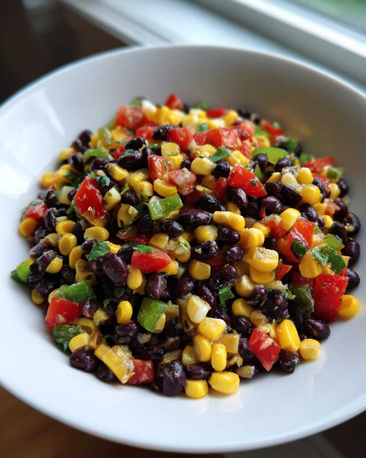 Close-up of colorful cowboy caviar featuring black beans, corn, diced tomatoes, and green peppers in a white bowl.