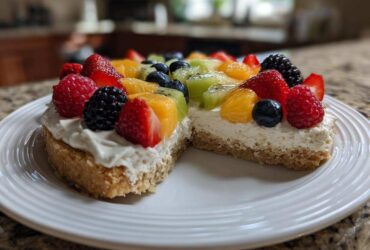 A slice removed from a fruit pizza sugar cookie topped with cream cheese frosting and fresh berries and kiwi.