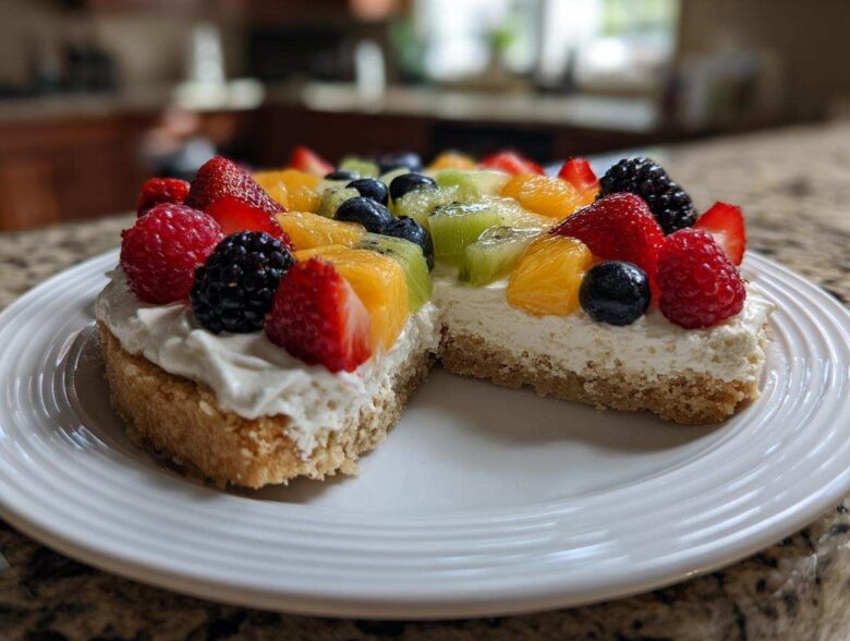A slice removed from a fruit pizza sugar cookie topped with cream cheese frosting and fresh berries and kiwi.