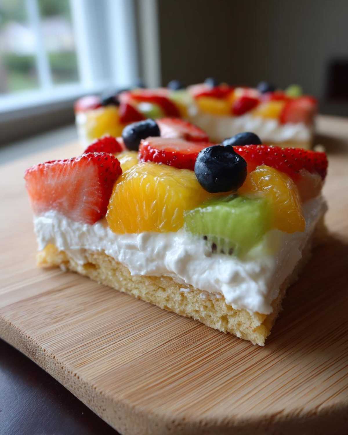 Close-up of a slice of fruit pizza sugar cookie topped with whipped cream, strawberries, kiwi, oranges, and blueberries.