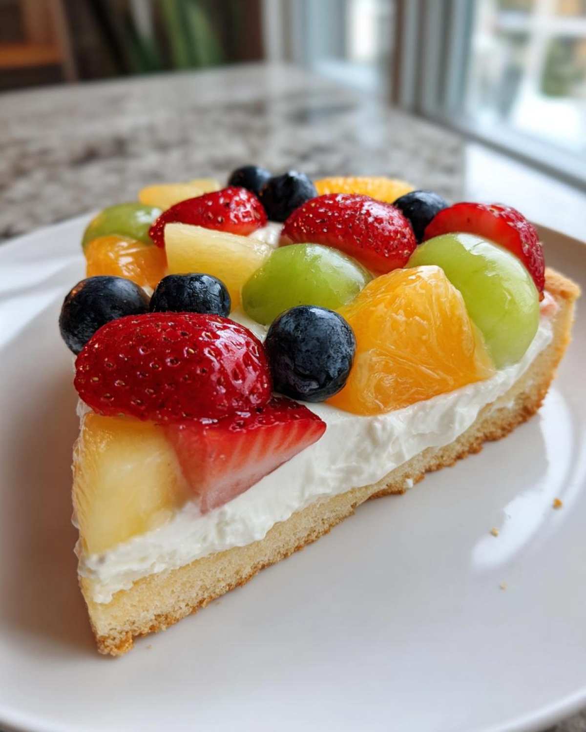 A slice of fruit pizza sugar cookie topped with fresh strawberries, blueberries, grapes, and orange segments on white cream.