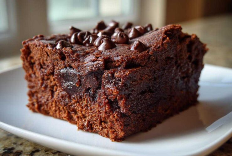 A close-up of a rich, fudgy slice of sweet potato brownies topped with chocolate chips on a white plate.