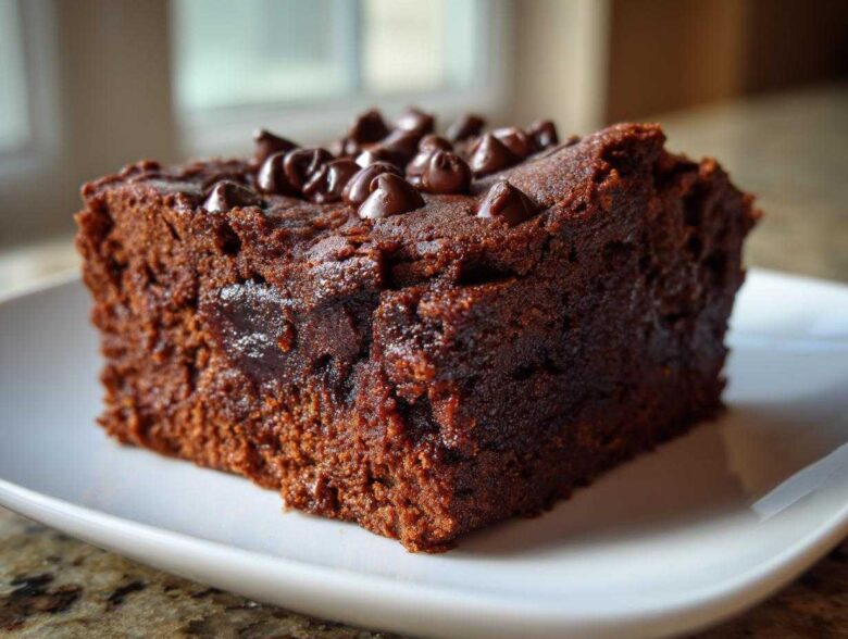 A close-up of a rich, fudgy slice of sweet potato brownies topped with chocolate chips on a white plate.