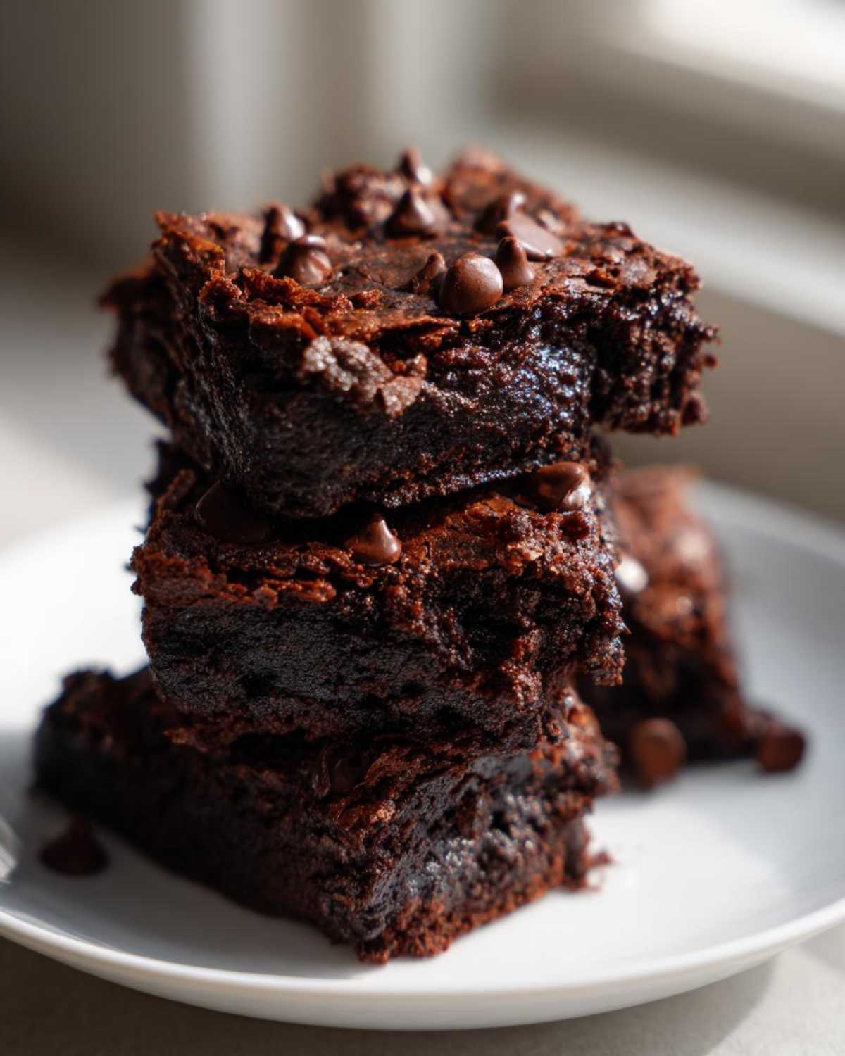A stack of three fudgy sweet potato brownies topped with chocolate chips, sitting on a white plate.