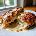 Close-up of a Garlic parmesan chicken bake cut open showing melted, stringy cheese and creamy sauce.